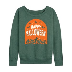 Women's - Disney - Happy Halloween Tombstone Lightweight French Terry Wide Neck Long Sleeve Shirt - 1 of 4