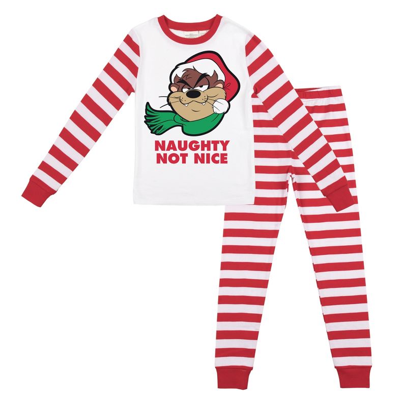Looney Tunes Taz Naughty or Nice Youth Red and White Striped Long Sleeve Pajamas, 1 of 5