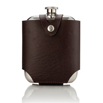 Stainless Steel Flask with Brown Faux Leather Case