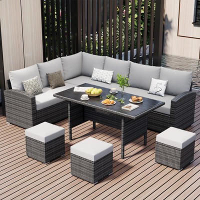 7-Piece Outdoor Wicker Patio Set with Glass Table & Cushions, Rattan Conversation Furniture for Balcony, Porch, Backyard, or Poolside