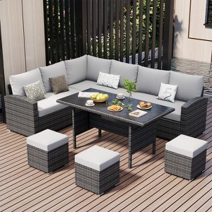 7-Piece Outdoor Wicker Patio Set with Glass Table & Cushions, Rattan Conversation Furniture for Balcony, Porch, Backyard, or Poolside - 1 of 4