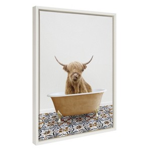 Kate and Laurel Sylvie Highland Cow In Mediterranean Bath Framed Canvas by Amy Peterson Art Studio, 18x24, White - 1 of 4