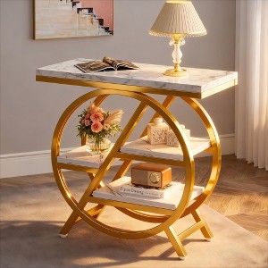Gulches 3-Tier End Table (Gold & White) Faux Marble Side Table with Geometric Metal Frame, Narrow Storage Nightstand - 1 of 4
