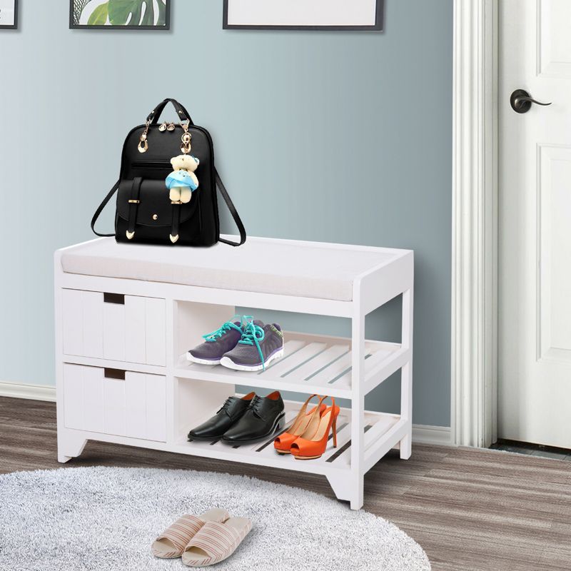 HOMCOM Shoe Cabinet, Wooden Storage Bench with Cushion, Entryway Rack with Drawers, Open Shelves, 3 of 9