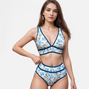 Anna-Kaci Swim Women's High Waist Bikini Set with White Contrast Piping and Wide Band Triangle Top - 1 of 4