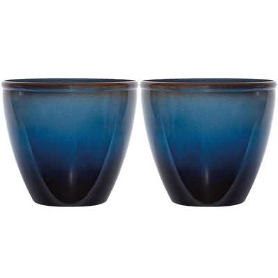 Suncast Seneca 16 Inch Decorative Resin Flower Planter Pot, Blue/Brown (2 Pack)
