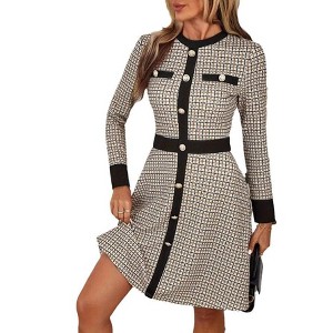 Coolmee Women's Midi Dress Long Sleeve Plaid Button Down Dress Crew Neck Work Office Dresses - 1 of 4