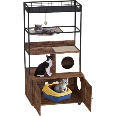 Cat Tree with Litter Box Enclosure 60'',Wooden Cat Condo with Storage Shelf, Sisal Hammock,Condo & Play Ball, Hidden Kitty Washroom,Reversible Entry