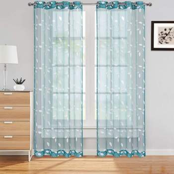 Leaves Embroidered Voile Sheer Grommet Window Curtain Panels