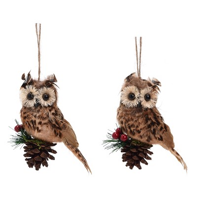 Transpac Feather Pinecone Owl Ornament Set of 2 Christmas Home Decorations