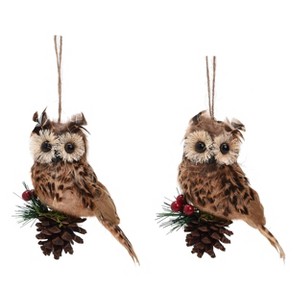 Transpac Feather Pinecone Owl Ornament Set of 2 Christmas Home Decorations - 1 of 1