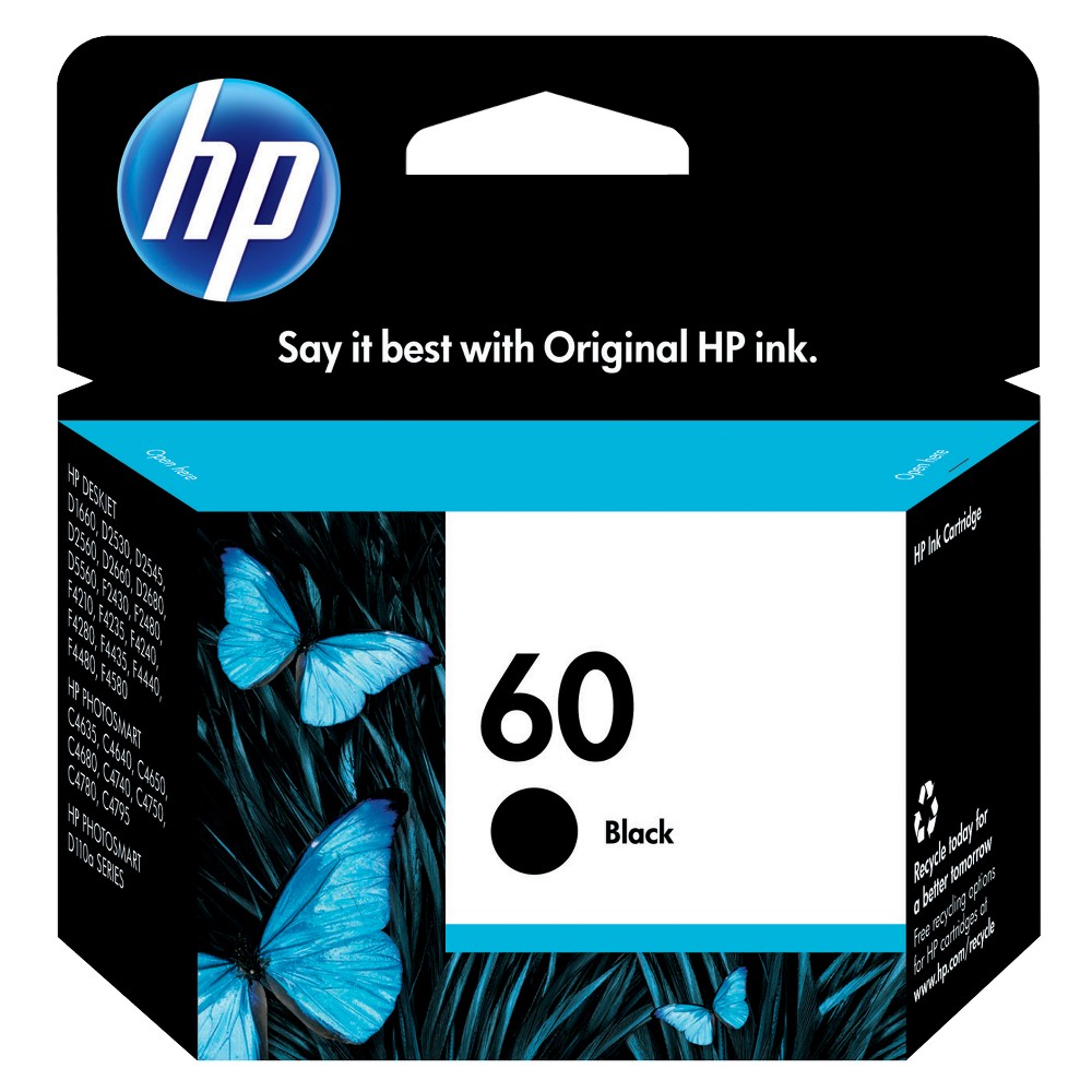 HP 60 Single Ink Cartridge - Black (CC640WN#140) Original HP Cartridges are designed with HP printers to offer outstandign photo and document quality. Print high quality black text, brilliant color graphics and get unique shades with cartridges built for reliability. Want more pages, great reliability and amazing value? You want original HP Inks. For Model Numbers: HP Deskjet D1660, D2530, D2545, D2560, D2660, D2680, D5560, F2430, F2440, F2480, F4210, F4235, F4240, F4280, F4435, F4440, F4480, F4580; ENVY 100, 110, 111, 114, 120, 121; Photosmart C4635, C4640, C4650, C4680, C4740, C4750, C4780, C4795 e-All-in-One. Color: Black (60 Single).