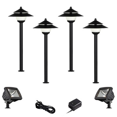 John Timberland Pagoda Textured Black 8-Piece LED Path and Flood Light Set