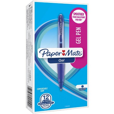 Paper Mate Pigmented Retractable Gel Pen, 0.7 mm Medium Tip, Blue Ink, Translucent Barrel, pk of 12