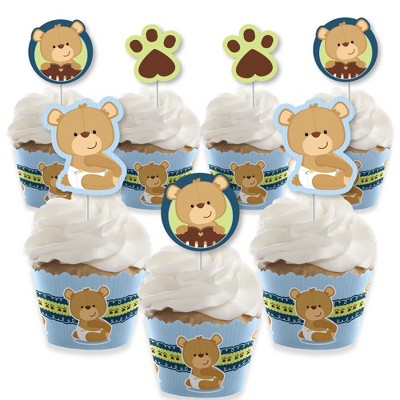 Big Dot of Happiness Baby Boy Teddy Bear - Cupcake Decoration - Baby Shower Cupcake Wrappers and Treat Picks Kit - Set of 24