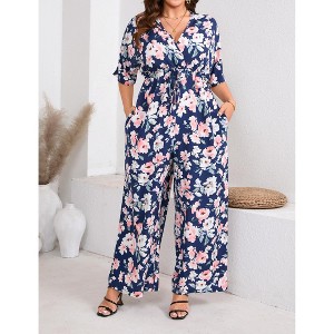 Womens Plus Size Casual Summer Floral Jumpsuits Half Sleeve Wide Leg Long  Pant Rompers One Piece Beach Vacation Outfits Blue Pink Flowers XXL : Target