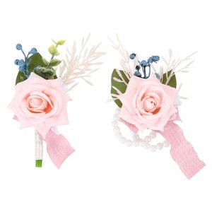 Unique Bargains Rose Corsage and Boutonnieres Set For Party Wedding Flowers Pin 2.76 Inch 2 Pcs - 1 of 4