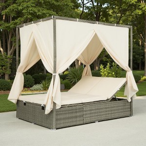 Outdoor Patio Rattan Canopy Daybed Sunbed with Curtain and Adjustable Seat - 1 of 4