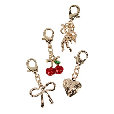Gold Cherry Charm Keychain, Metallic Bow Design, Fashion Bag