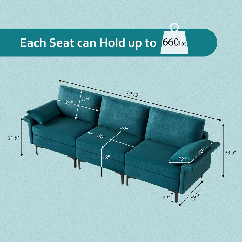 Costway Modern Modular Fabric 3-Seat Sofa Couch Living Room Furniture w/ Metal Legs Blue\Grey, 4 of 10