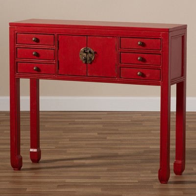 Antique Red Bayur Wood Console Table with Bronze Accents and Storage