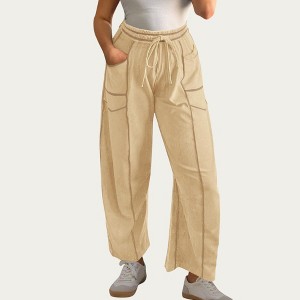 Anna-Kaci Women’s Soft Wide Leg Pants with Cargo Style Seam Detailing Adjustable Drawstring Waistband and Relaxed Stretch Fit - 1 of 4