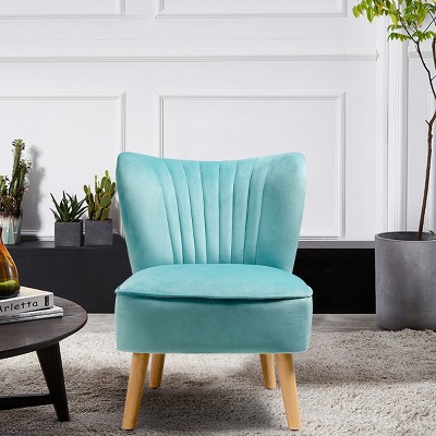 Turquoise Velvet Armless Accent Chair with Wood Legs