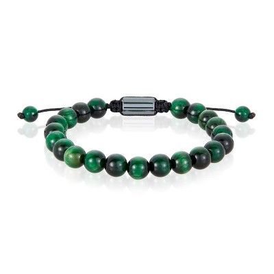 Crucible Men's Green Tiger's Eye Stone Bead Adjustable Bracelet (8mm)