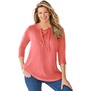 Woman Within Plus Size Lace-Up Three-Quarter Sleeve Tee - 1 of 4
