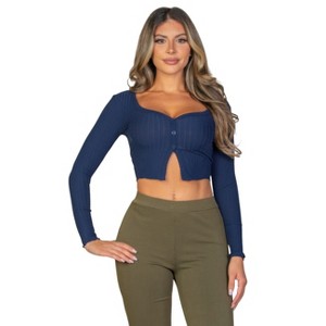 Slickblue Women's Ribbed Long Sleeve Button-Front Top, Cropped Fit, Casual Stretch Style, 10 Color Options, Size S-L - 1 of 4