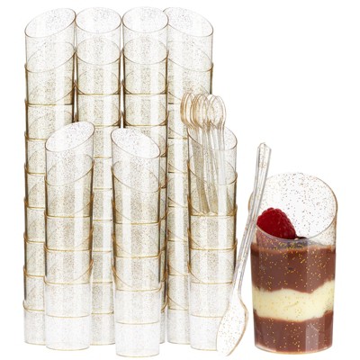 Sparkle and Bash 120 Pieces of Gold Glitter Mini Dessert Cups with Spoons, Disposable Dessert Cups 3oz for Parfait, Shooters, Mousse, Serves 60