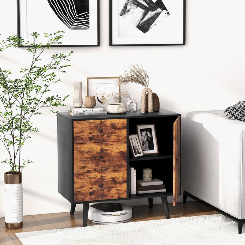 Costway Mid-Century Rustic Storage Cabinet Multipurpose Wood Shelf Organizer with 3 Drawers, 4 of 11