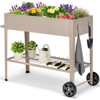 Costway Planter Box Raised Garden Bed Elevated on Wheels Steel Planter with Shelf Hooks