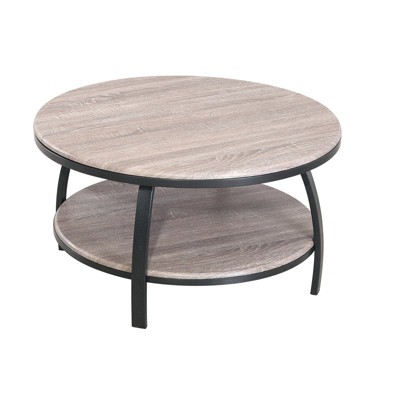 35" Round Coffee Table with Metal Legs And Open Shelving in Brown - Wallace & Bay