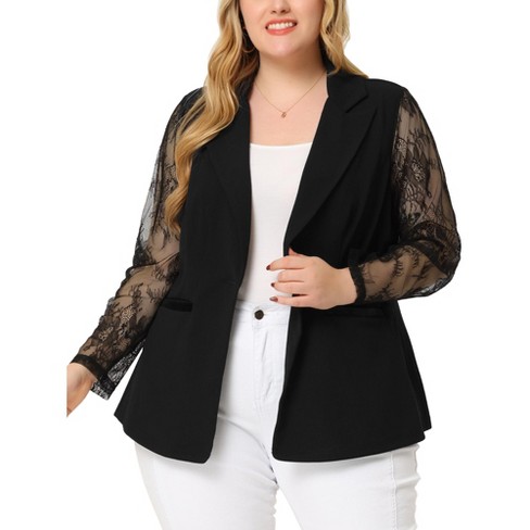 Agnes Orinda Women's Plus Size Work Flat Collar Notch Lapel Lace Front  Blazers Black 2X