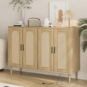 Rattan Buffet Cabinet With Storage,Sideboard Cabinet With 4 Doors and Adjustable Shelves, Console Coffee Bar - 1 of 4