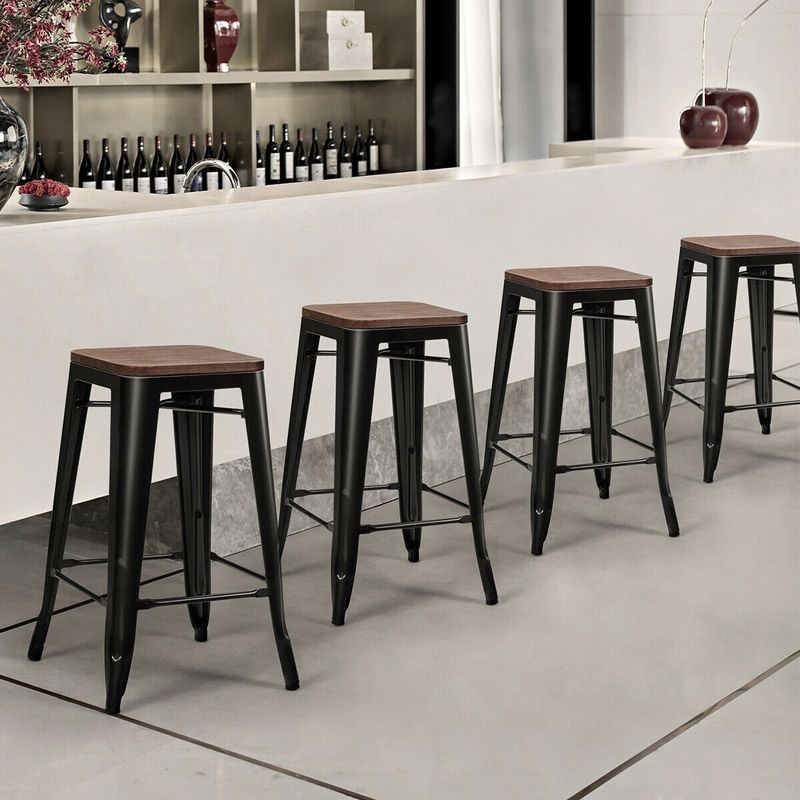 Costway Set of 4 Counter Height Backless Barstool 26'' Metal Stackable Stool w/Wood Seat, 2 of 13