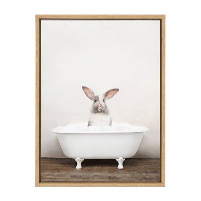 18" x 24" Natural Wood Framed Bunny in Bath Canvas Art