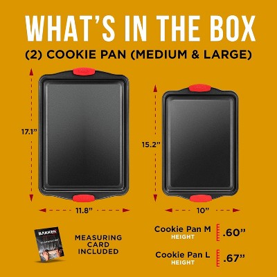 Nonstick Carbon Steel Cookie Sheet Pan Set with Red Silicone Handles