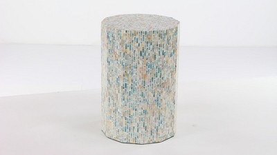 Elegant Blue Mother of Pearl 13" Round Wood Accent Table