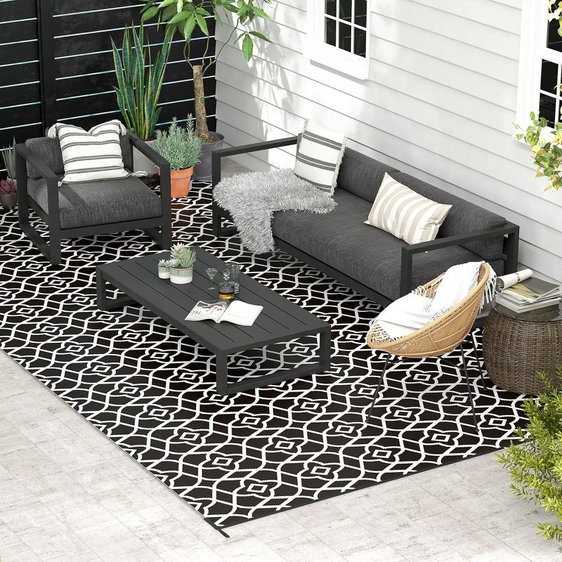 Outsunny RV Mat, Outdoor Patio Rug / Large Camping Carpet with Carrying Bag, 9' x 18', Waterproof Plastic Straw, Reversible, Black & White Clover, 3 of 7