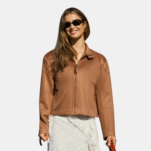 Women's Faux Suede Brown Stand Collar Zip-Up Jacket - Cupshe-S-Brown