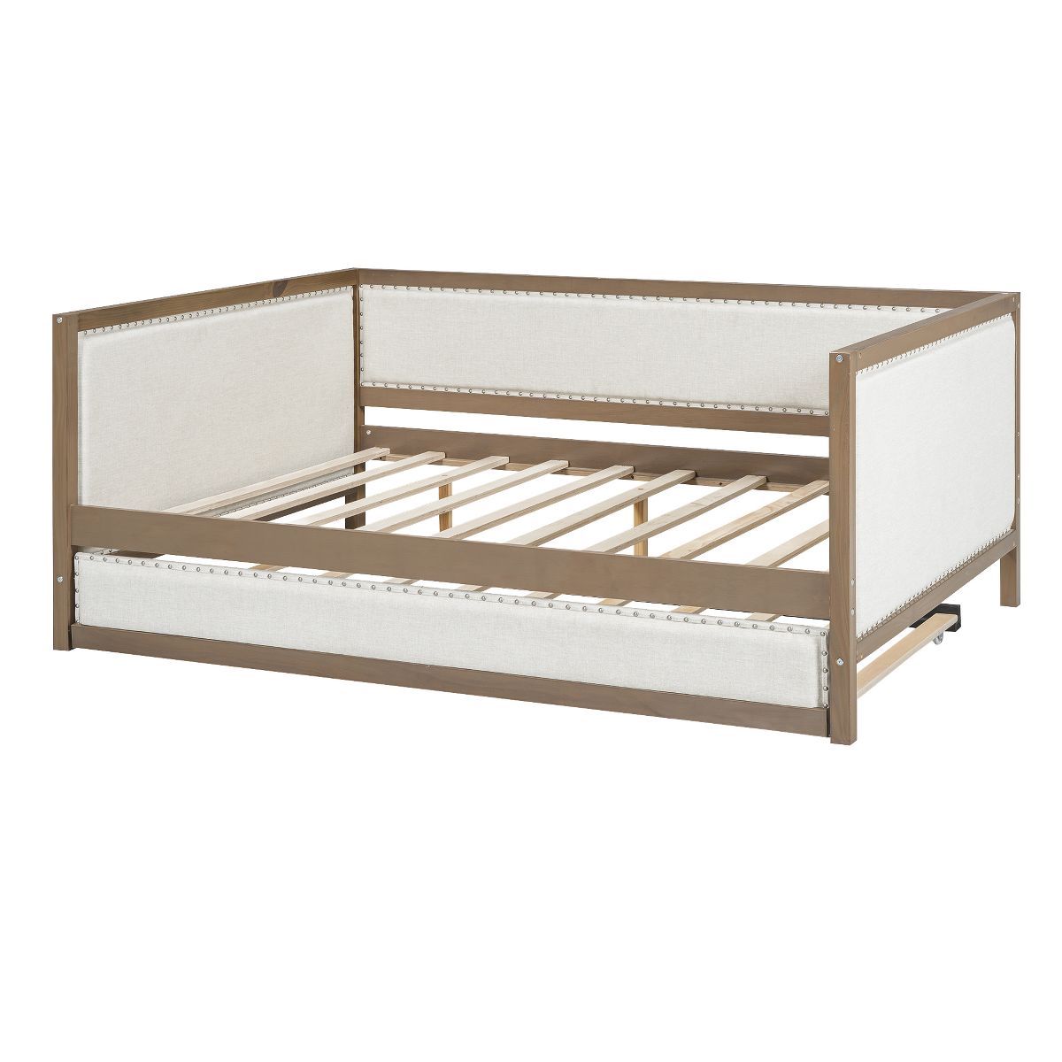 Beige upholstered daybed with pull-out trundle frame and slats