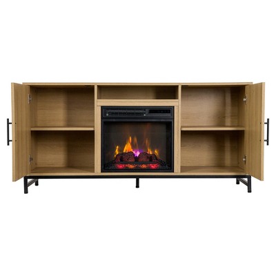 Modern White Oak TV Stand with Electric Fireplace and Cabinets
