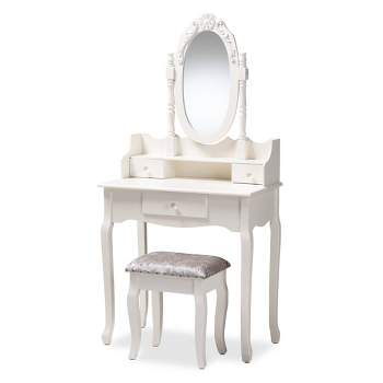 2pc Veronique White Finished Wood Vanity Table with Mirror and Ottoman White - Baxton Studio