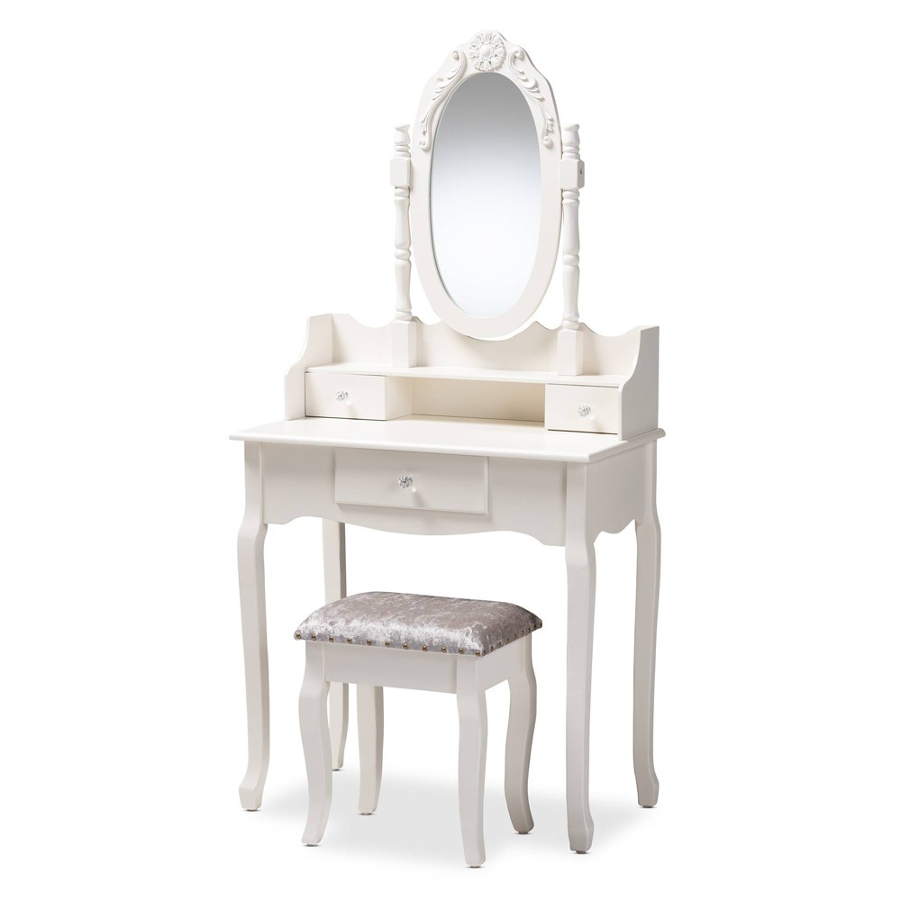 Photos - Other Furniture 2pc Veronique White Finished Wood Vanity Table with Mirror and Ottoman Whi