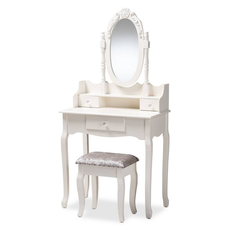 2pc Veronique White Finished Wood Vanity Table with Mirror and Ottoman White - Baxton Studio, 1 of 11