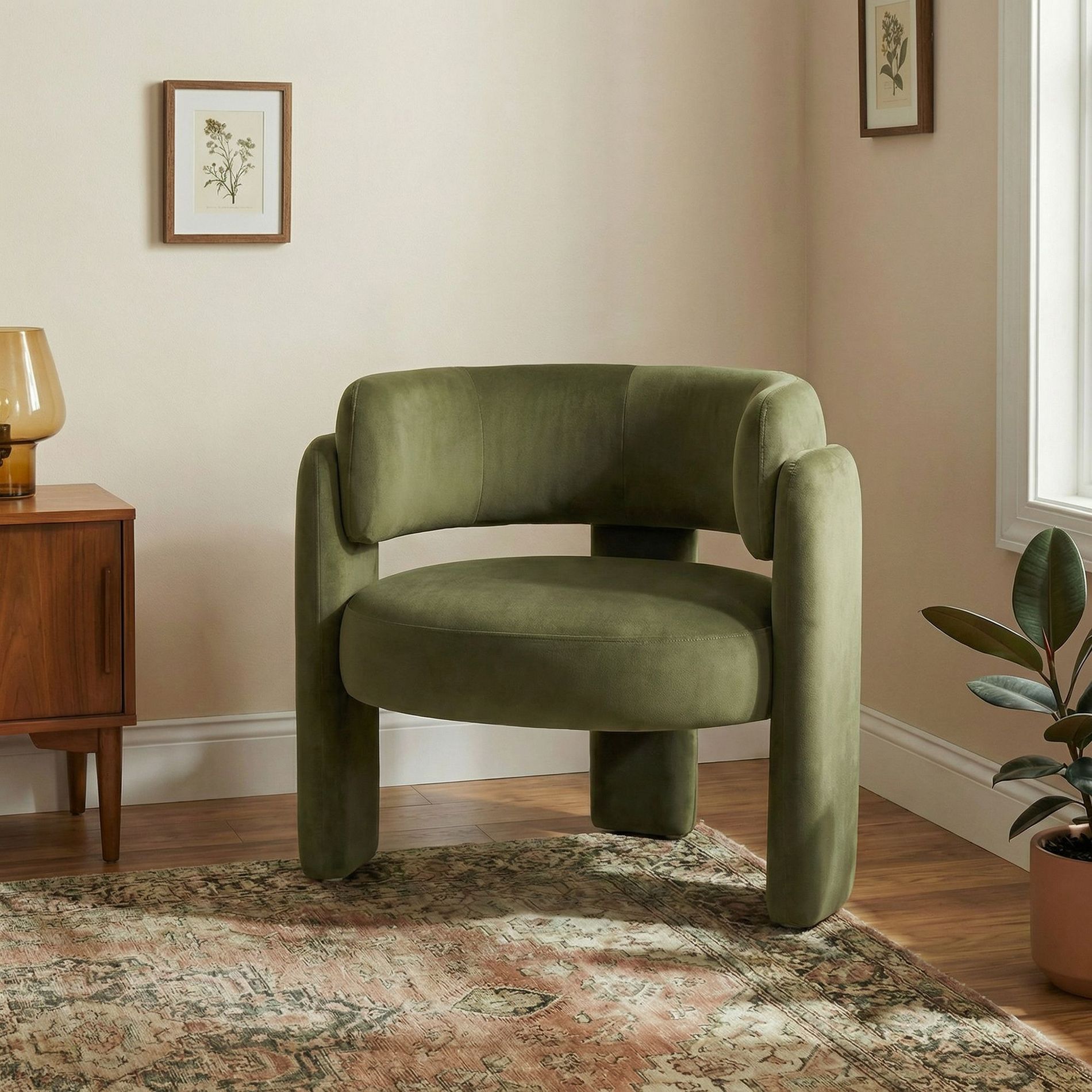 Ora Maison Velvet Accent Chair, Modern Upholstered Barrel Armchair with 3-Leg Design, Single Sofa for Living Room, Bedroom or Reading Nook, Green