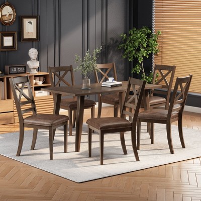 Modern Indoor 6 Seater Dining Room Table and Dining Chairs,7 Pieces Wood Farmhouse Kitchen Table and Parsons Dining Chairs Set-Cuddlewood