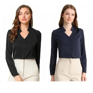 INSPIRE CHIC Women's Elegant V Neck Work Office Button Up Shirt 2 Packs - 1 of 4